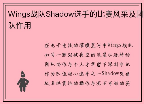Wings战队Shadow选手的比赛风采及团队作用