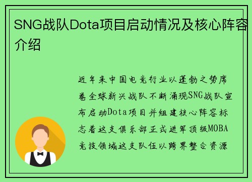 SNG战队Dota项目启动情况及核心阵容介绍